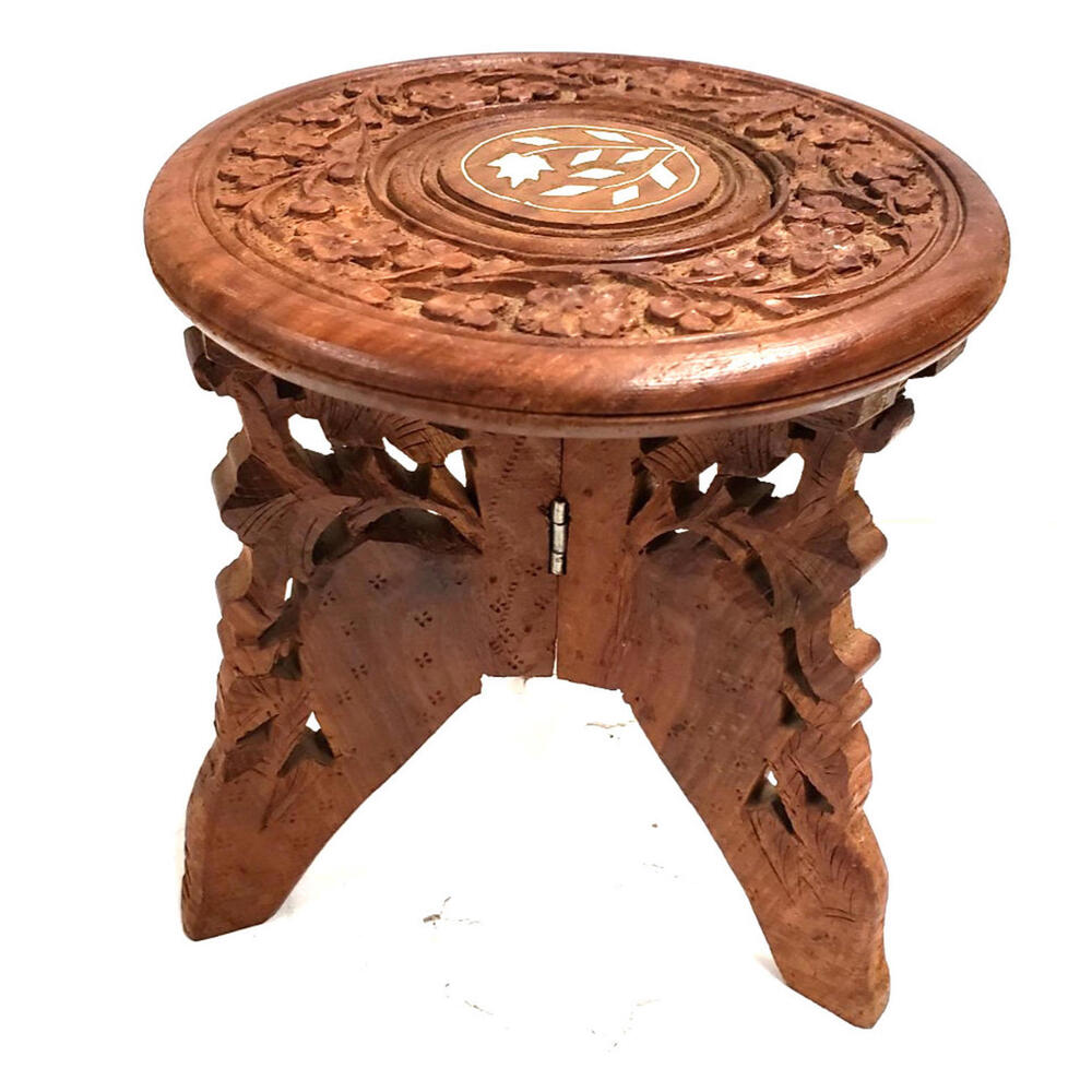 Vintage Indian Hand Carved Wood Tripod Plant Stand Table with Inlay Floral 6.5"
